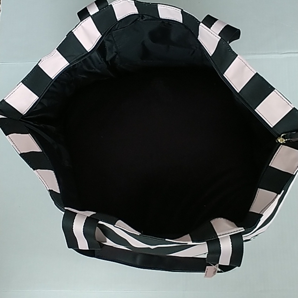 Victoria's Secret V Striped Limited Edition Pink/Black Weekender Tote Bag - Picture 7 of 11